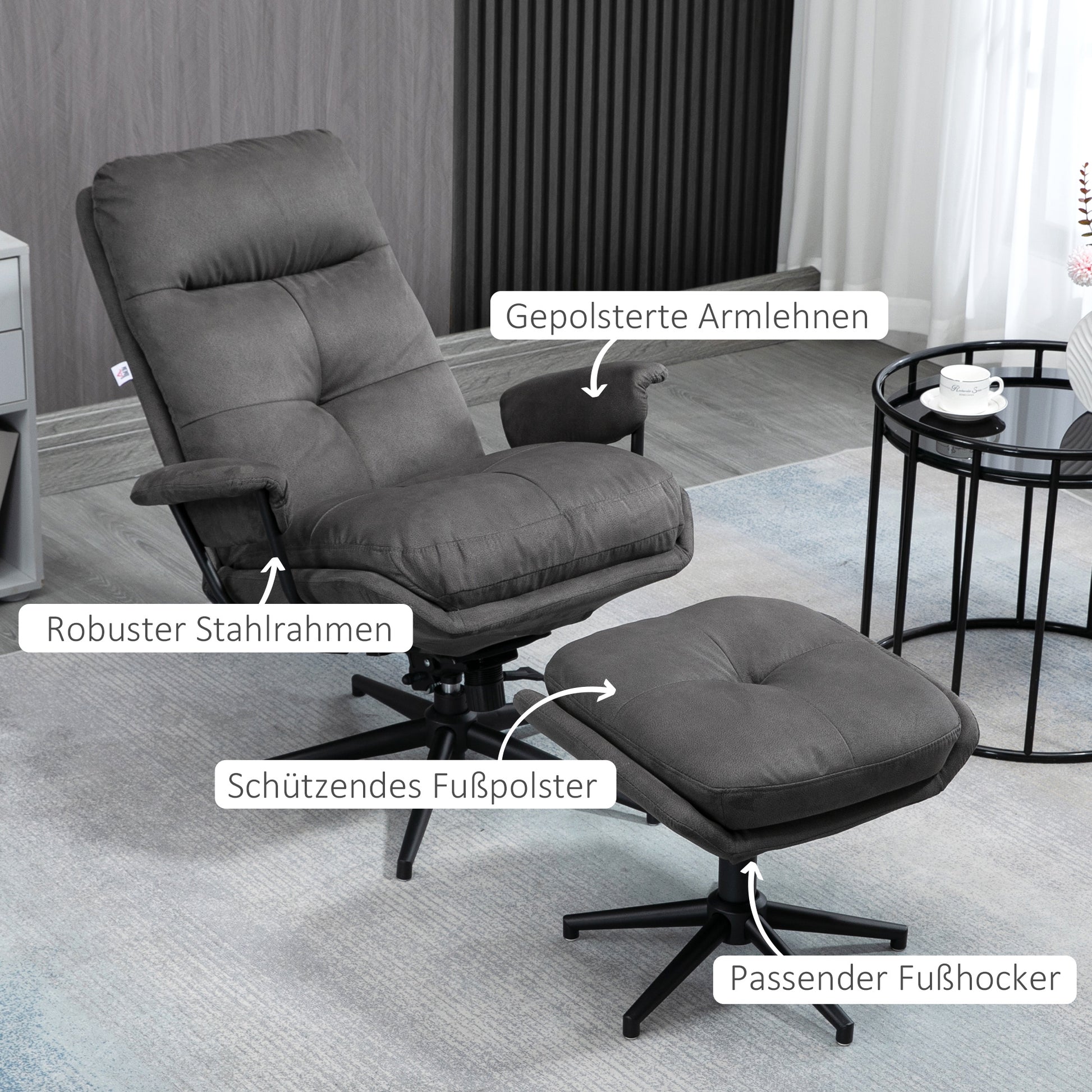 Recliner Chair with Footstool, TV Chair with Swivel Base, TV Armchair with Reclining Function for Living Room, Bedroom, up to 150 kg Load Capacity, Polyester, Steel, Dark Gray