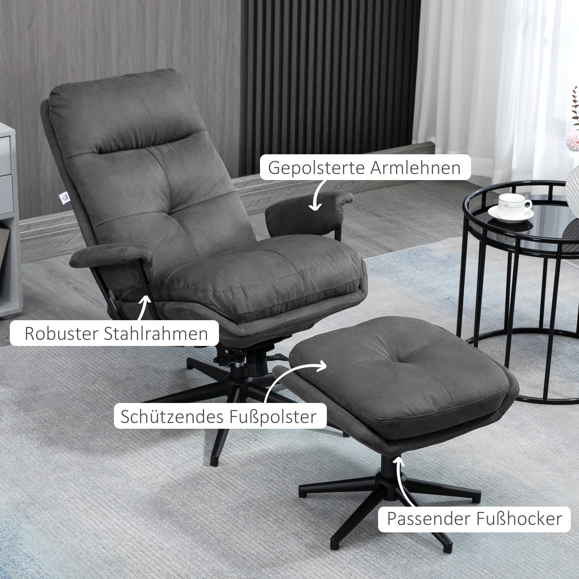 Recliner Chair with Footstool, TV Chair with Swivel Base, TV Armchair with Reclining Function for Living Room, Bedroom, up to 150 kg Load Capacity, Polyester, Steel, Dark Gray