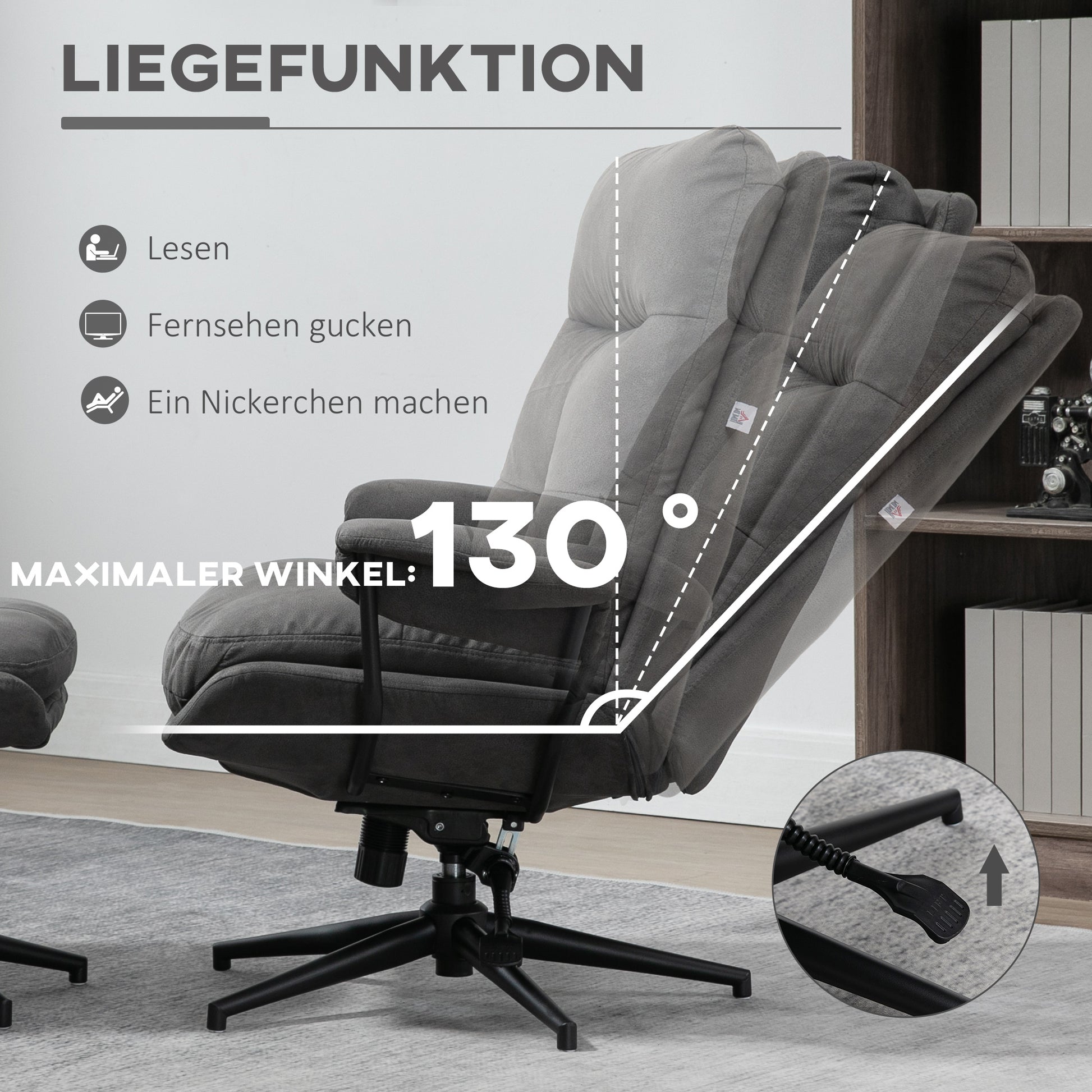 Recliner Chair with Footstool, TV Chair with Swivel Base, TV Armchair with Reclining Function for Living Room, Bedroom, up to 150 kg Load Capacity, Polyester, Steel, Dark Gray