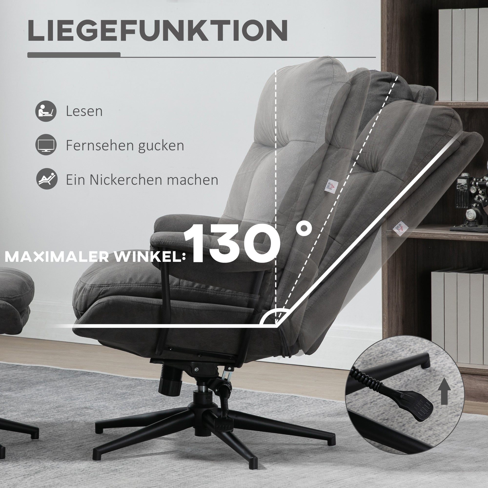 Recliner Chair with Footstool, TV Chair with Swivel Base, TV Armchair with Reclining Function for Living Room, Bedroom, up to 150 kg Load Capacity, Polyester, Steel, Dark Gray