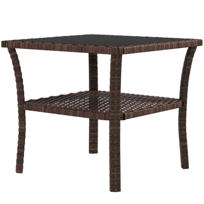 Square Synthetic Rattan Table 50x50x45 cm Garden Table with Glass Top Shelf and Steel Frame 30 kg Load for Terrace Patio Brown