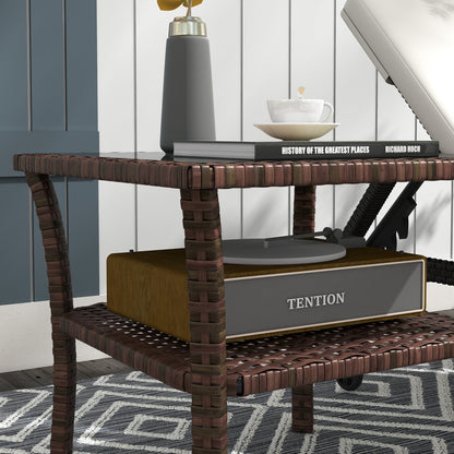 Square Synthetic Rattan Table 50x50x45 cm Garden Table with Glass Top Shelf and Steel Frame 30 kg Load for Terrace Patio Brown