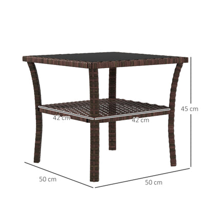 Square Synthetic Rattan Table 50x50x45 cm Garden Table with Glass Top Shelf and Steel Frame 30 kg Load for Terrace Patio Brown