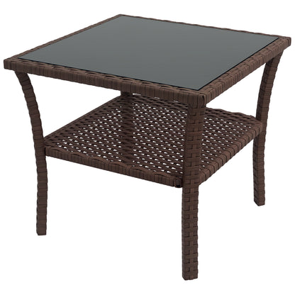Square Synthetic Rattan Table 50x50x45 cm Garden Table with Glass Top Shelf and Steel Frame 30 kg Load for Terrace Patio Brown