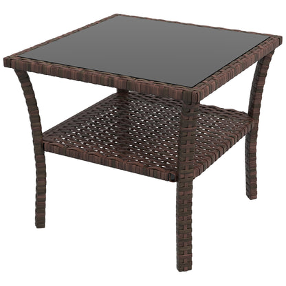Square Synthetic Rattan Table 50x50x45 cm Garden Table with Glass Top Shelf and Steel Frame 30 kg Load for Terrace Patio Brown