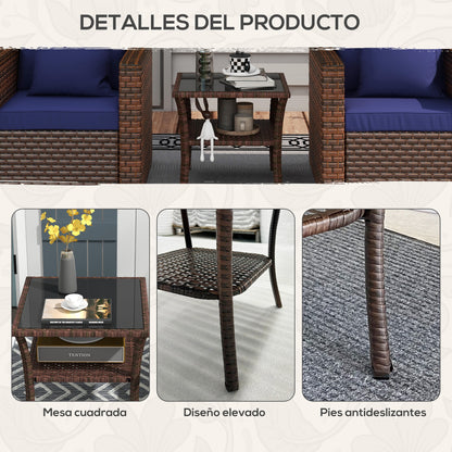 Square Synthetic Rattan Table 50x50x45 cm Garden Table with Glass Top Shelf and Steel Frame 30 kg Load for Terrace Patio Brown