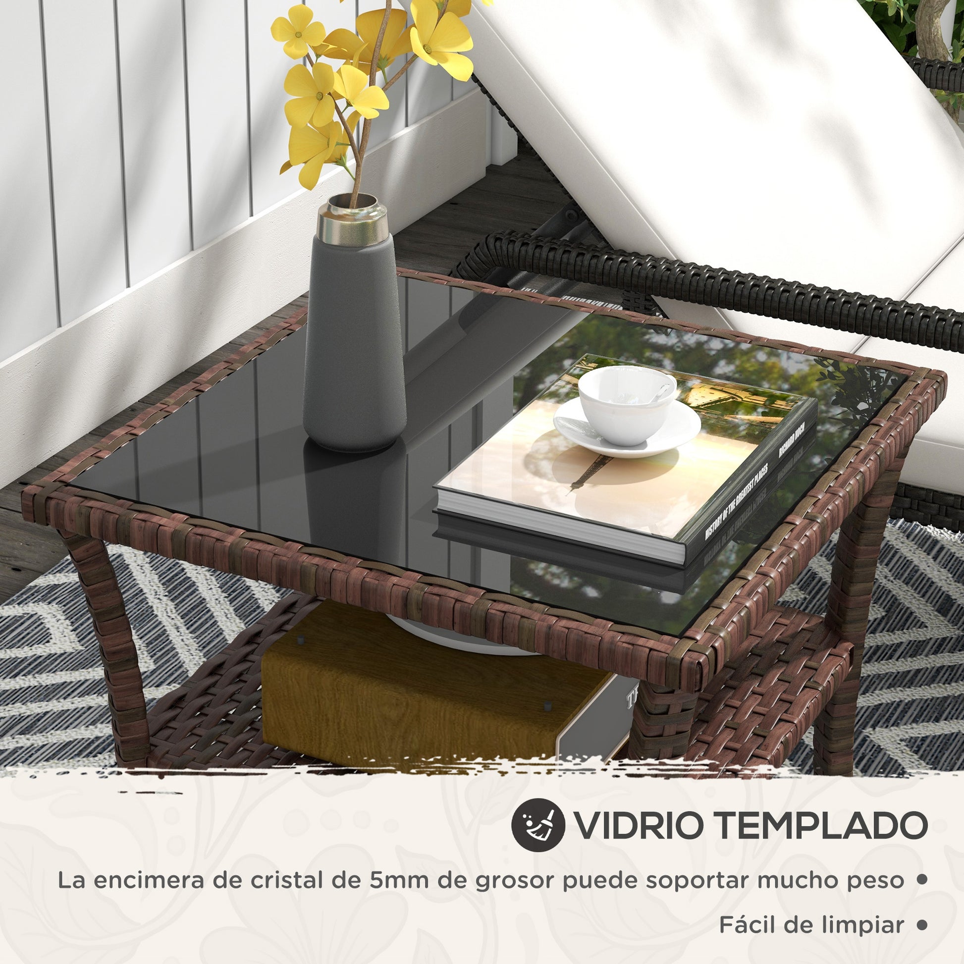 Square Synthetic Rattan Table 50x50x45 cm Garden Table with Glass Top Shelf and Steel Frame 30 kg Load for Terrace Patio Brown
