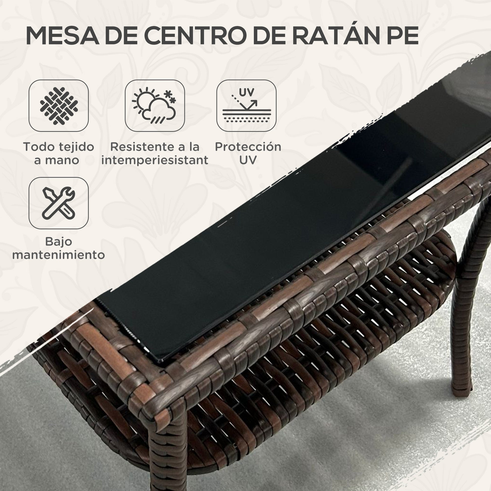 Square Synthetic Rattan Table 50x50x45 cm Garden Table with Glass Top Shelf and Steel Frame 30 kg Load for Terrace Patio Brown
