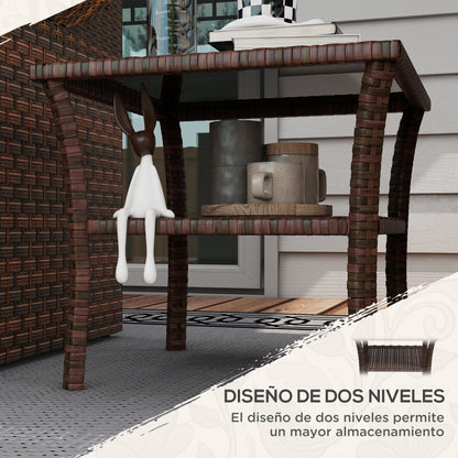 Square Synthetic Rattan Table 50x50x45 cm Garden Table with Glass Top Shelf and Steel Frame 30 kg Load for Terrace Patio Brown