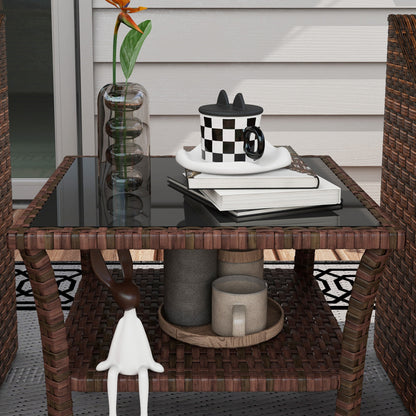 Square Synthetic Rattan Table 50x50x45 cm Garden Table with Glass Top Shelf and Steel Frame 30 kg Load for Terrace Patio Brown