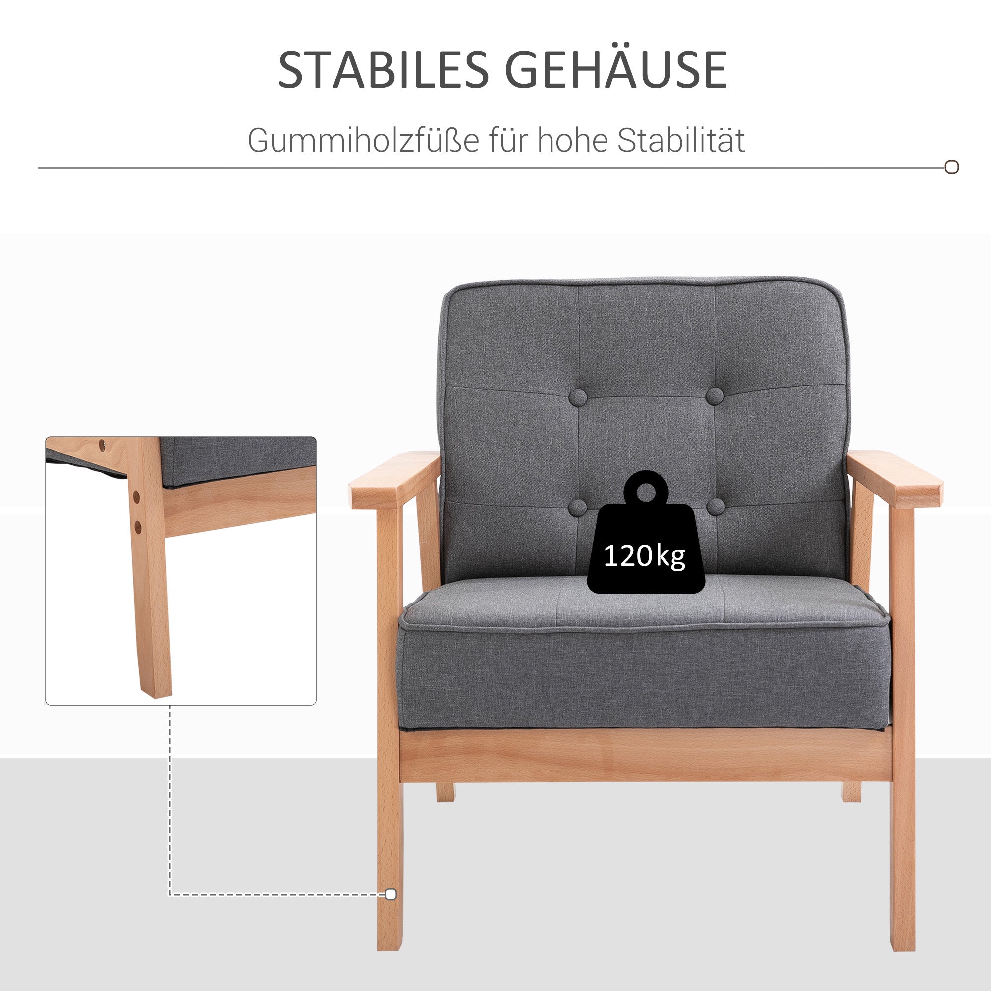 Single Sofa Lounge Armchair Upholstered Chair with Wooden Frame Linen Gray 64.5 x 70 x 74 cm