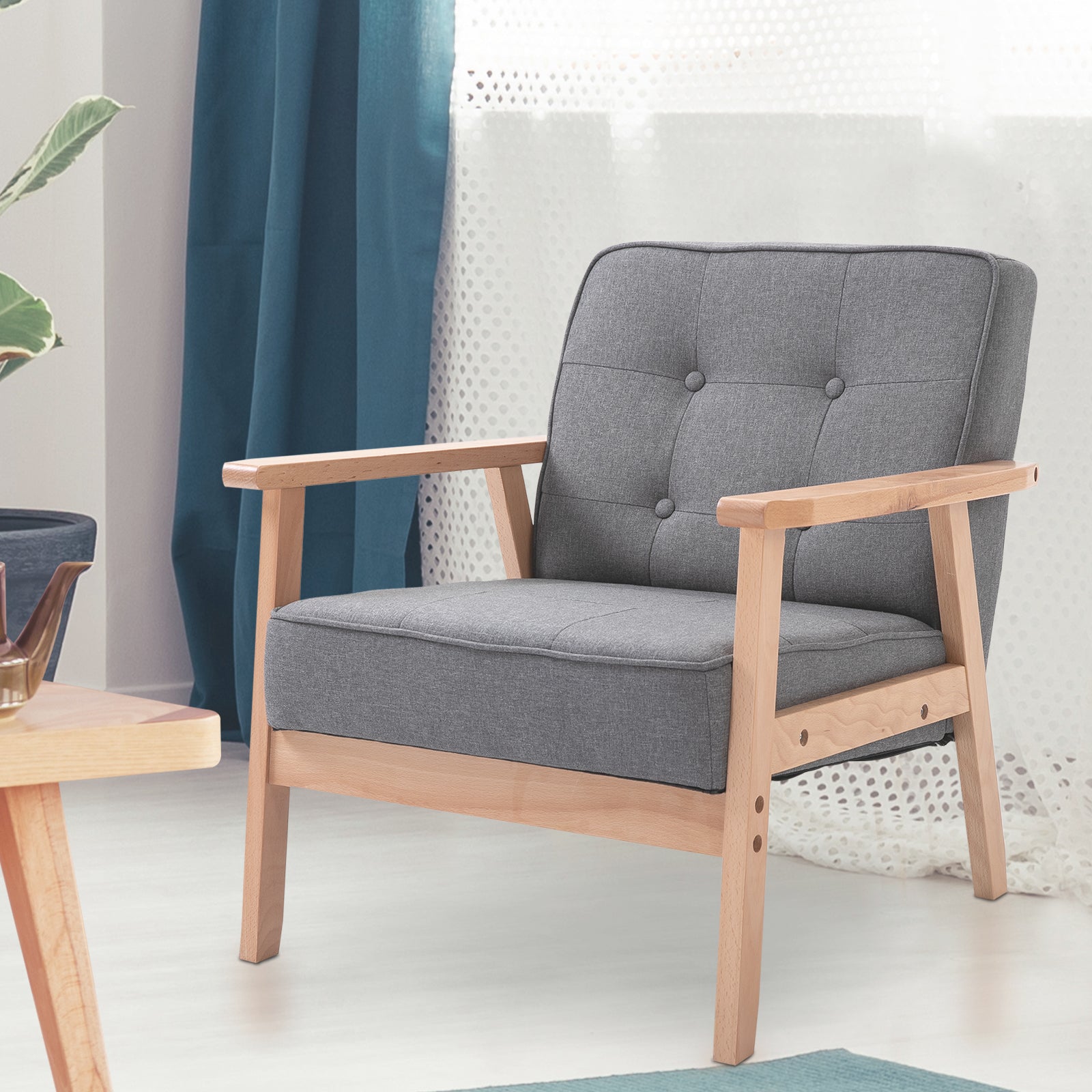 Single Sofa Lounge Armchair Upholstered Chair with Wooden Frame Linen Gray 64.5 x 70 x 74 cm