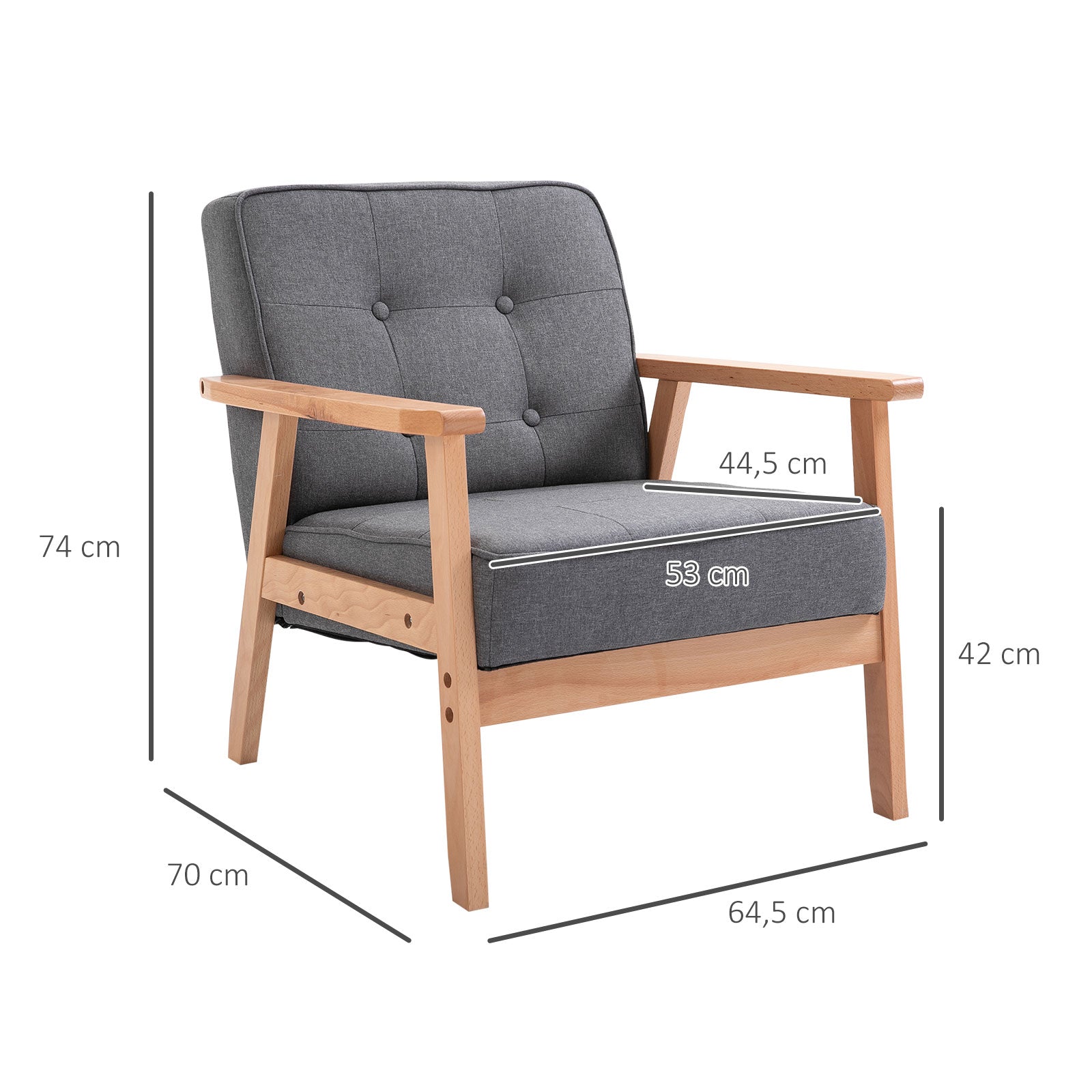 Single Sofa Lounge Armchair Upholstered Chair with Wooden Frame Linen Gray 64.5 x 70 x 74 cm