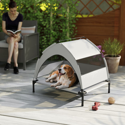 Elevated Outdoor Dog Bed with Canopy — Cooling Pet Lounger for Small to Medium Dogs, Steel Frame, Storage Bag, 30 x 24 x 24 in (Light Gray)