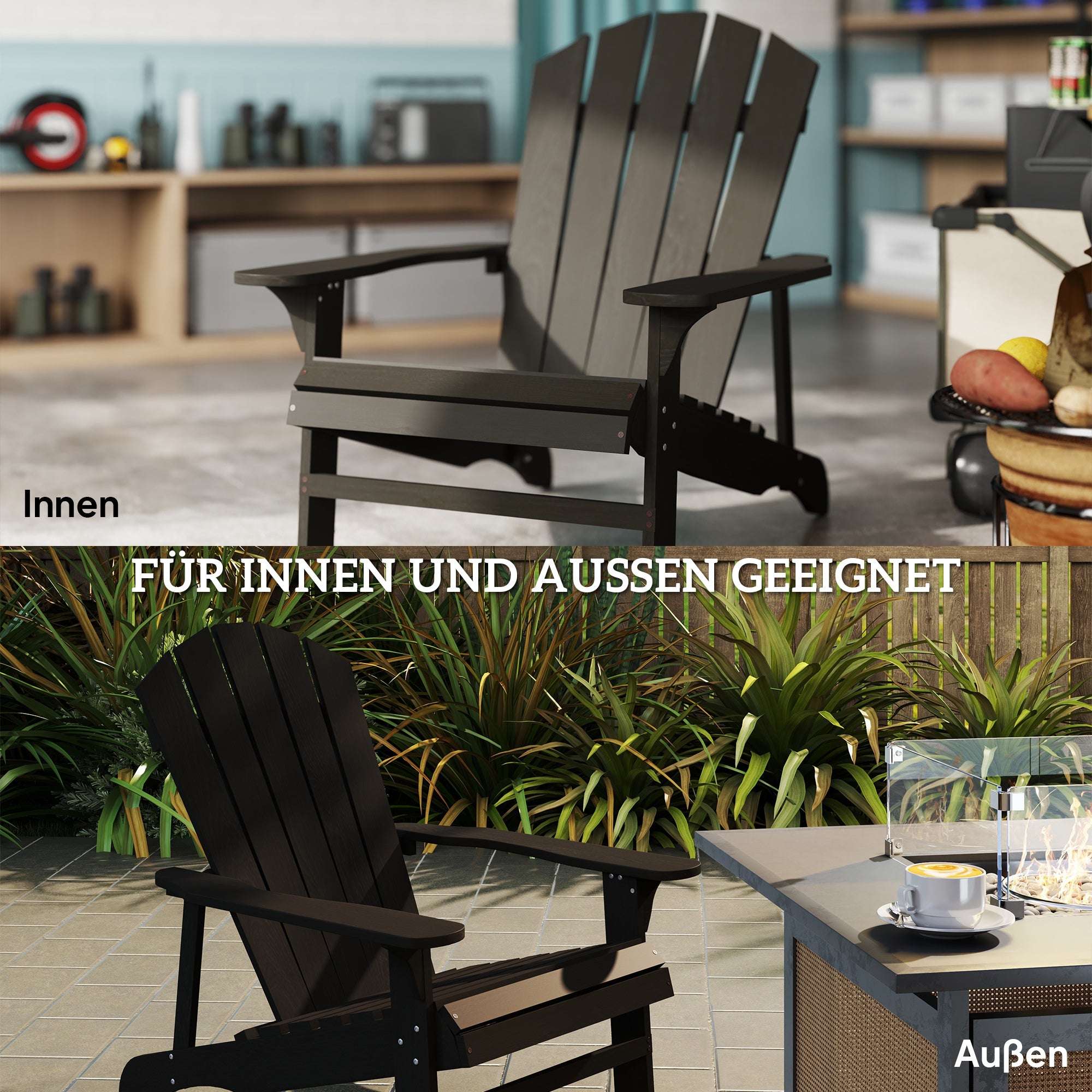 Weather-Resistant Wooden Adirondack Chair for Outdoors — High Back Garden Chair with Wide Armrests, Black, 31 x 35 x 35 in