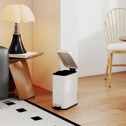 Trash Can 5L Bin with Soft Close Lid and Pedal, Waste Bin incl. Inner Bucket Cosmetic Bin for Living Room, Office, Metal, White, 29.2 x 14 x 32 cm