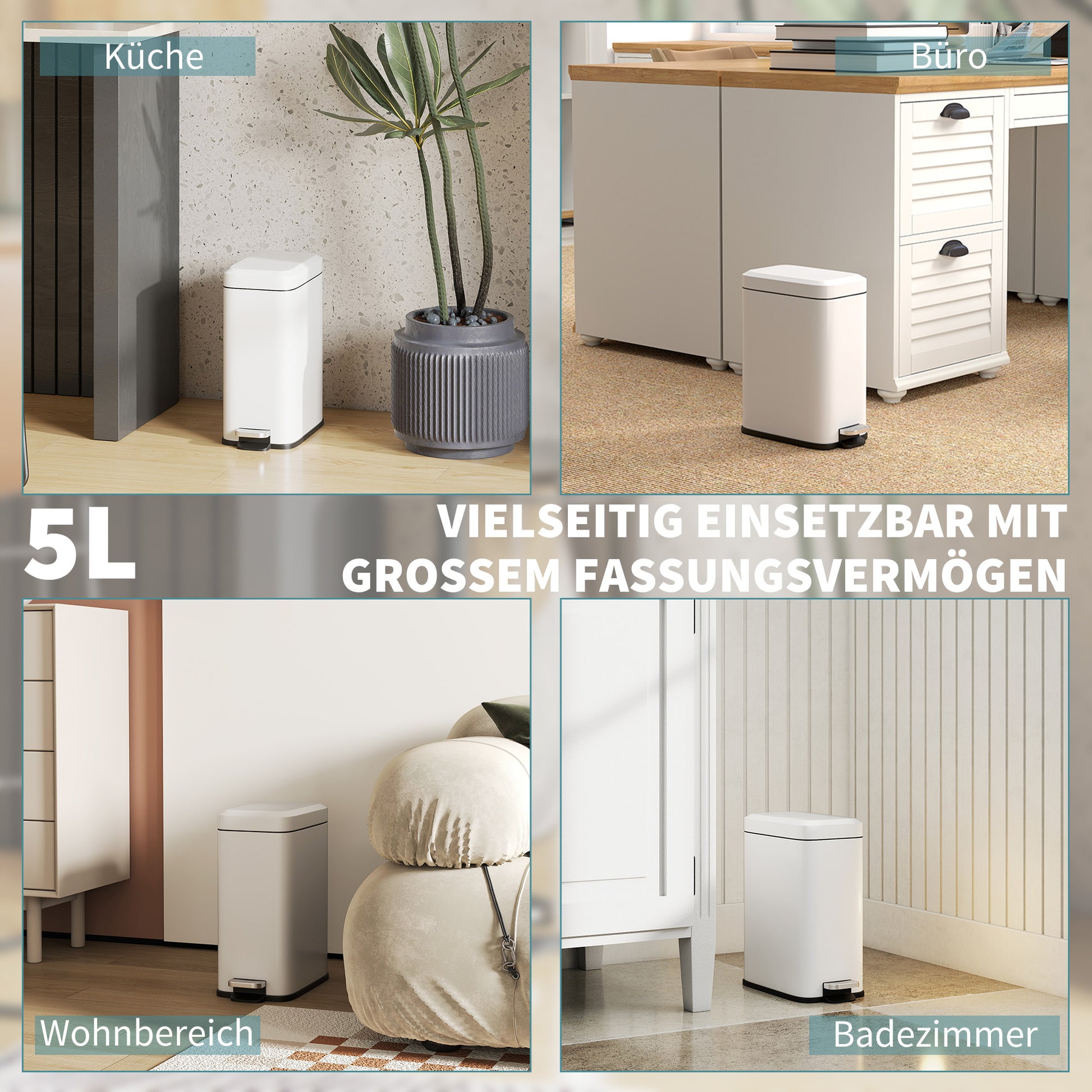 Trash Can 5L Bin with Soft Close Lid and Pedal, Waste Bin incl. Inner Bucket Cosmetic Bin for Living Room, Office, Metal, White, 29.2 x 14 x 32 cm