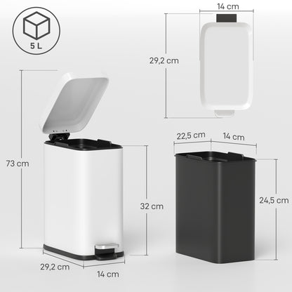 Trash Can 5L Bin with Soft Close Lid and Pedal, Waste Bin incl. Inner Bucket Cosmetic Bin for Living Room, Office, Metal, White, 29.2 x 14 x 32 cm