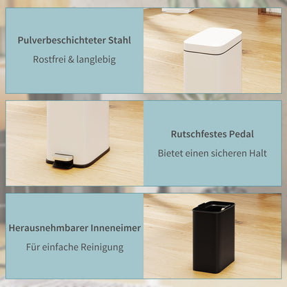 Trash Can 5L Bin with Soft Close Lid and Pedal, Waste Bin incl. Inner Bucket Cosmetic Bin for Living Room, Office, Metal, White, 29.2 x 14 x 32 cm