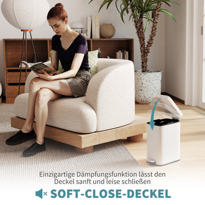 Trash Can 5L Bin with Soft Close Lid and Pedal, Waste Bin incl. Inner Bucket Cosmetic Bin for Living Room, Office, Metal, White, 29.2 x 14 x 32 cm