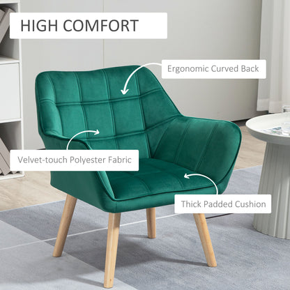 Scandinavian Design Bedroom Armchair, Velvet and Wood Armchair, Green, for Living Room or Office, 67x61.5x71cm
