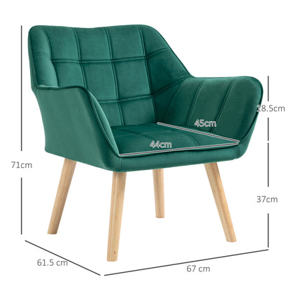 Scandinavian Design Bedroom Armchair, Velvet and Wood Armchair, Green, for Living Room or Office, 67x61.5x71cm