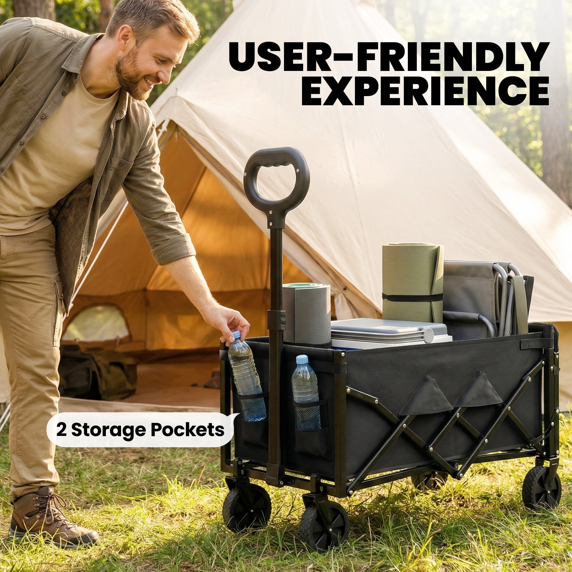 80L Foldable Wagon with Telescoping Handle, Tailgate & Cup Holders — Beach, Garden & Transport Cart, 330 lb Capacity, Black