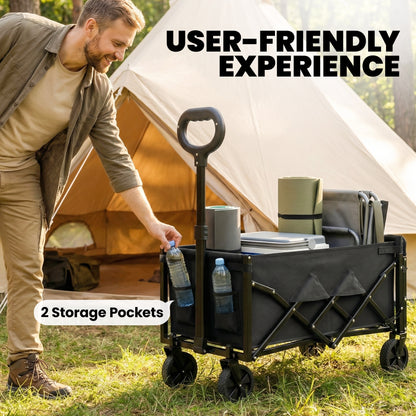 80L Foldable Wagon with Telescoping Handle, Tailgate & Cup Holders — Beach, Garden & Transport Cart, 330 lb Capacity, Black