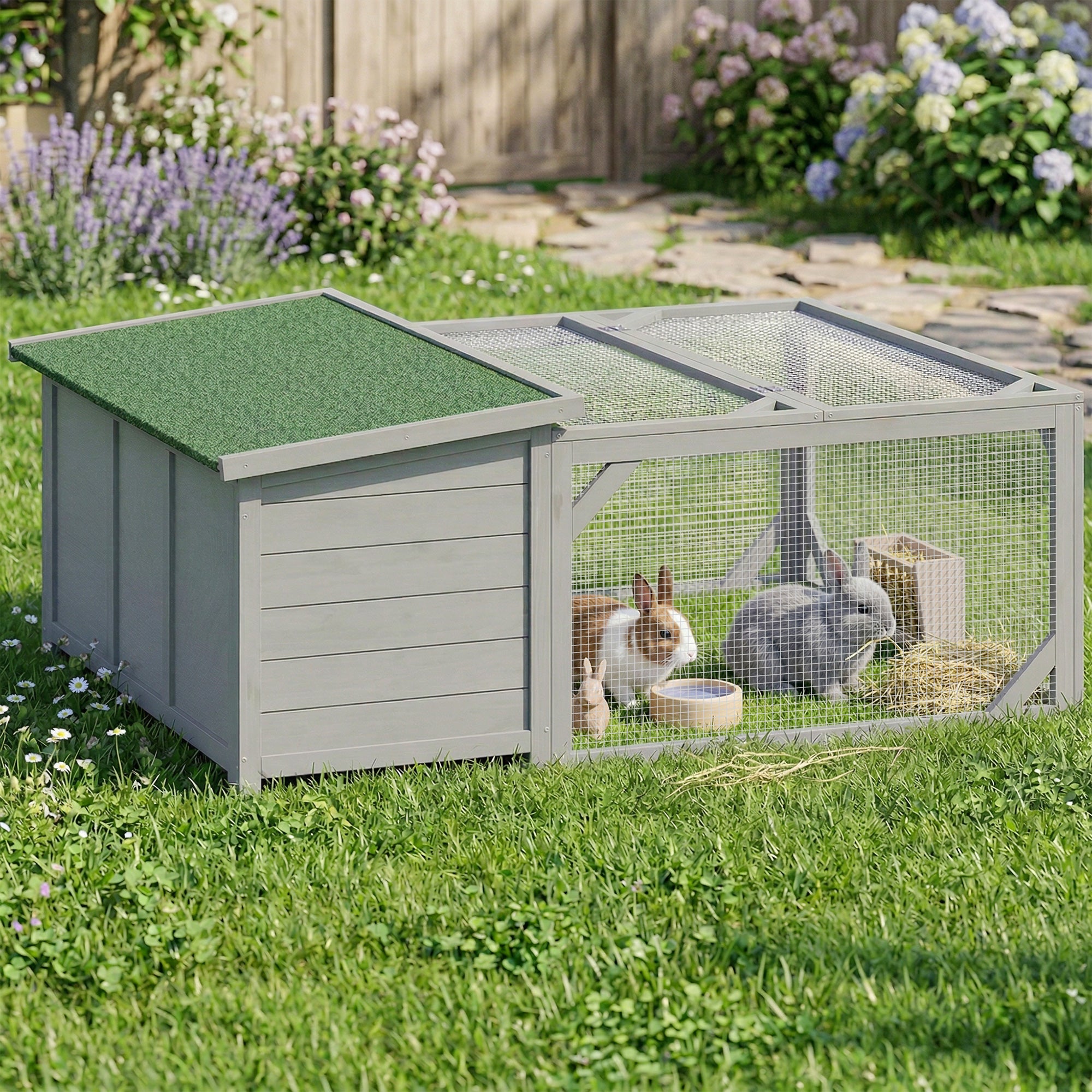 Wooden Rabbit Hutch with Run, 125.5 x 100 x 49 cm – Lift-Top Asphalt Roof, Doors, Outdoor Hutch for Rabbits & Guinea Pigs, Gray