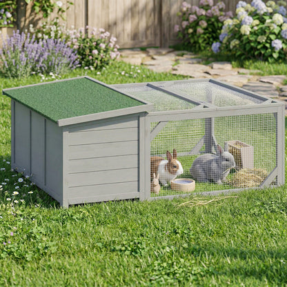 Wooden Rabbit Hutch with Run, 125.5 x 100 x 49 cm – Lift-Top Asphalt Roof, Doors, Outdoor Hutch for Rabbits & Guinea Pigs, Gray