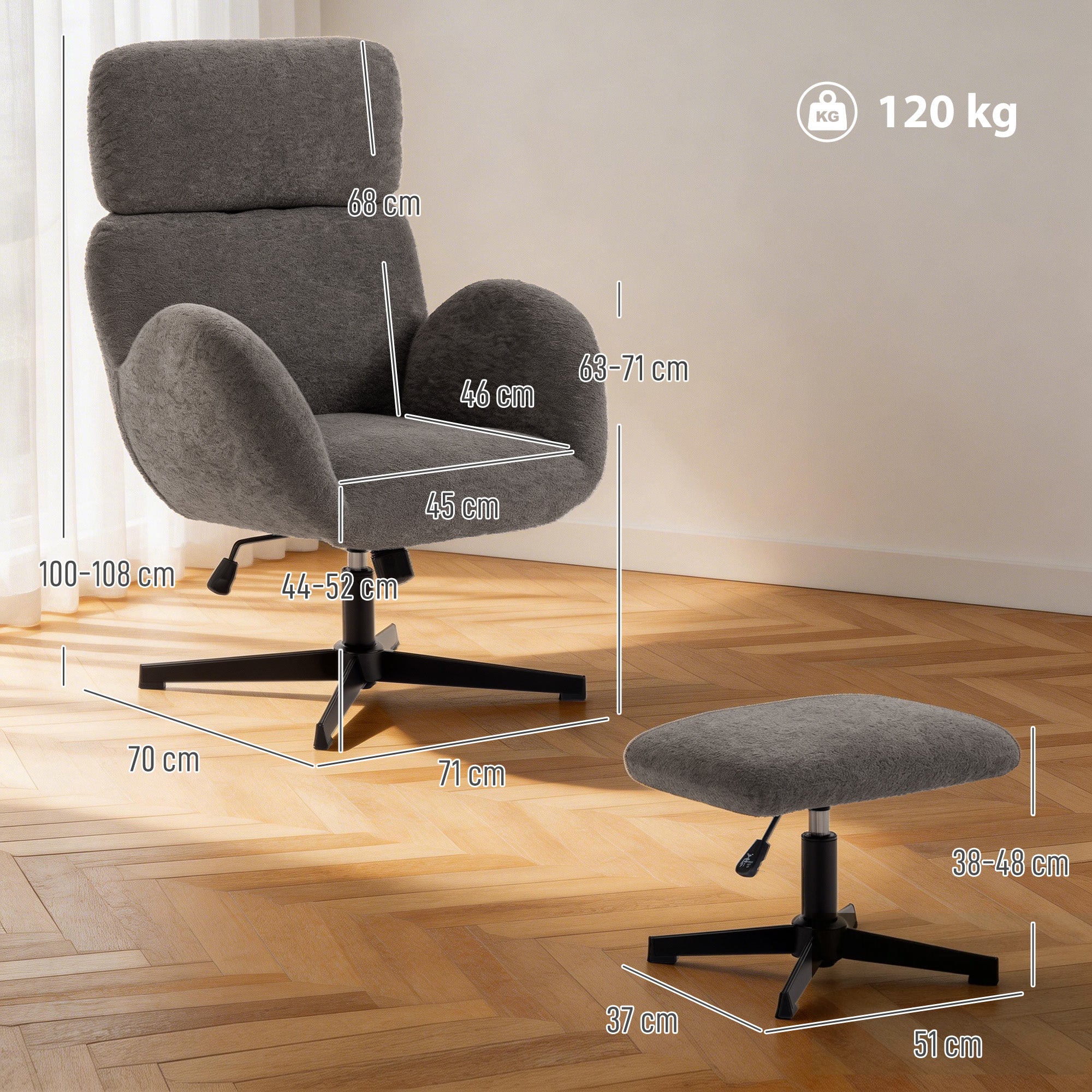 Swivel Recliner with Ottoman, Velvet-Look Textured Upholstery, Adjustable Headrest & Height, Tilt Function, Living Room Armchair, Gray