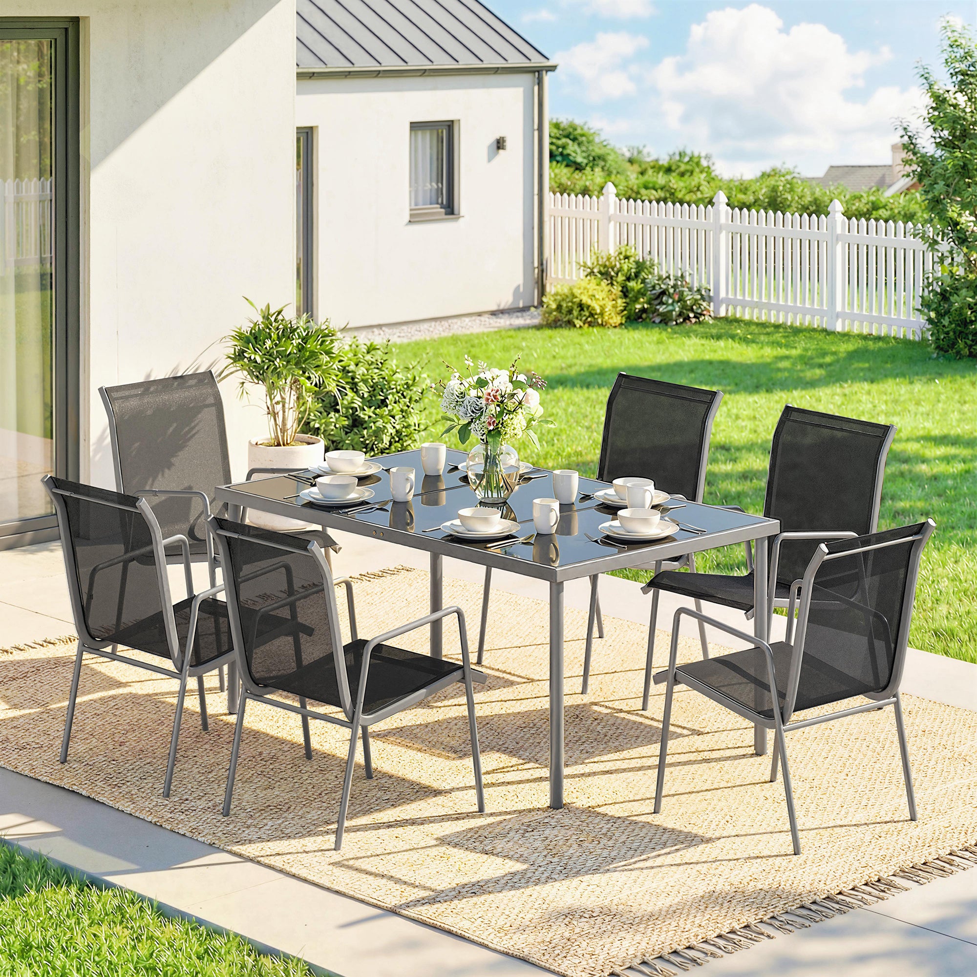 7-Piece Outdoor Dining Set – Tempered Glass Table with 6 Stackable Breathable Chairs, Weather-Resistant Powder-Coated Metal Frame, Black & Silver