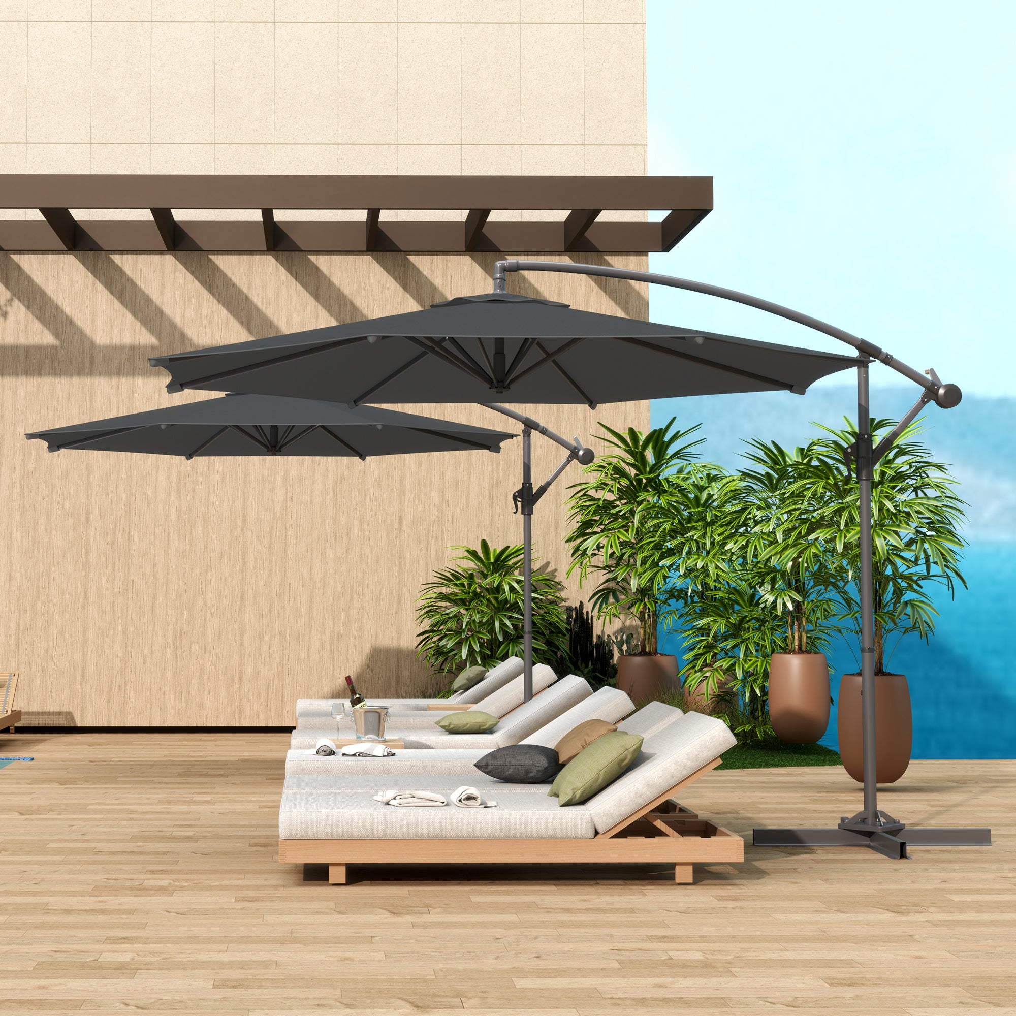 Foldable Octagonal Cantilever Parasol with 3m Diameter Garden Parasol with Dark Gray Cross Stand