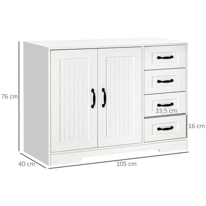 Sideboard Bedside Cabinet with 4 Drawers, Kitchen Cabinet Storage Cabinet with Adjustable Shelf, Anti-Tip, White, 105 x 40 x 76 cm
