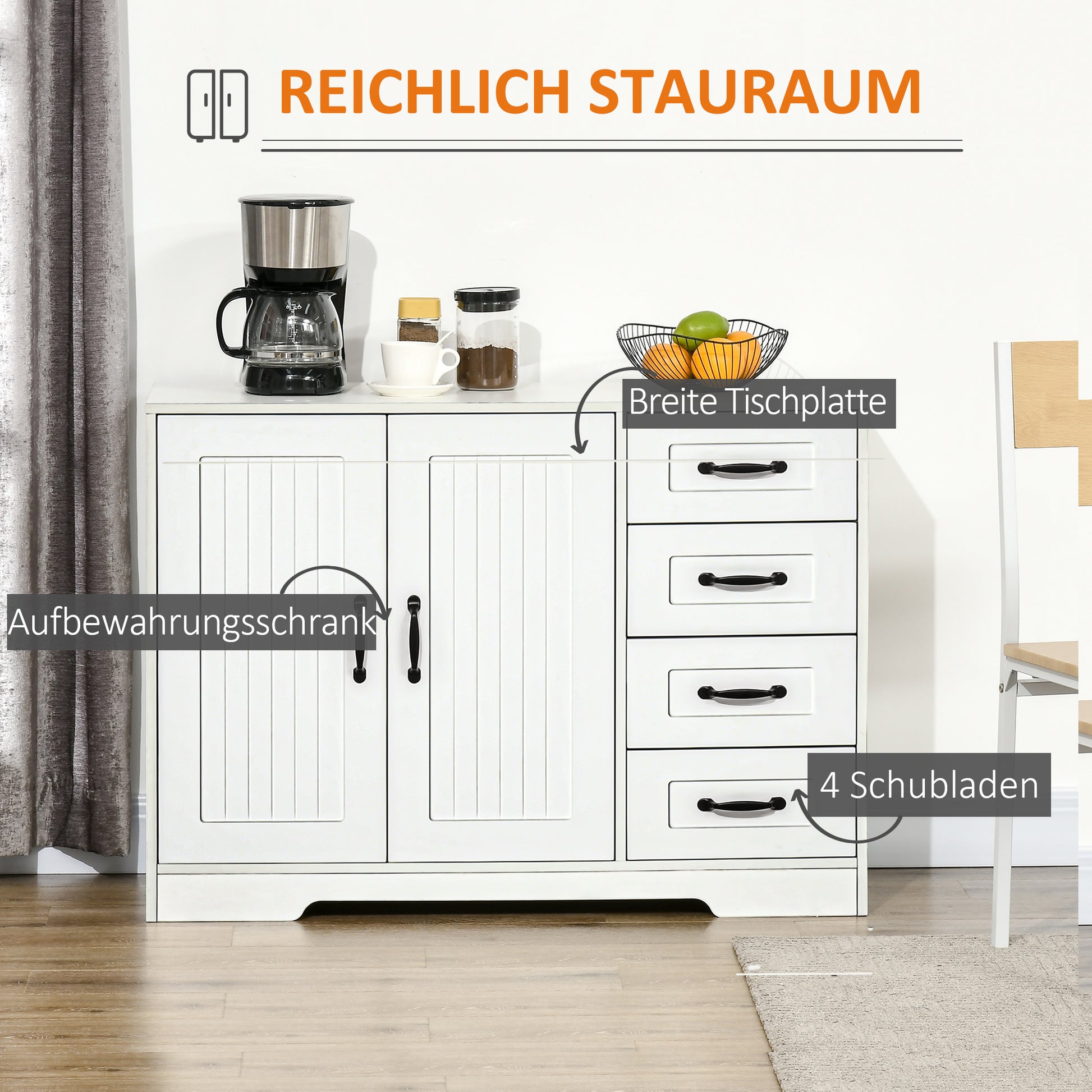 Sideboard Bedside Cabinet with 4 Drawers, Kitchen Cabinet Storage Cabinet with Adjustable Shelf, Anti-Tip, White, 105 x 40 x 76 cm