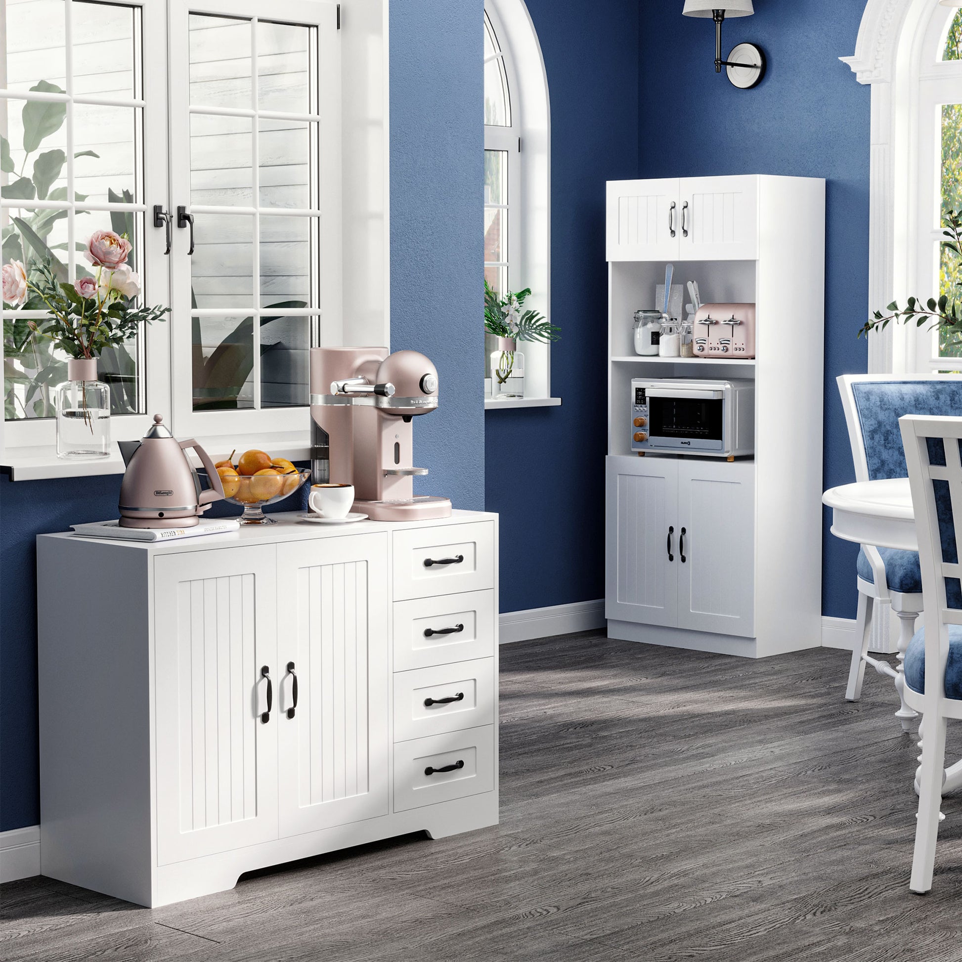 Sideboard Bedside Cabinet with 4 Drawers, Kitchen Cabinet Storage Cabinet with Adjustable Shelf, Anti-Tip, White, 105 x 40 x 76 cm