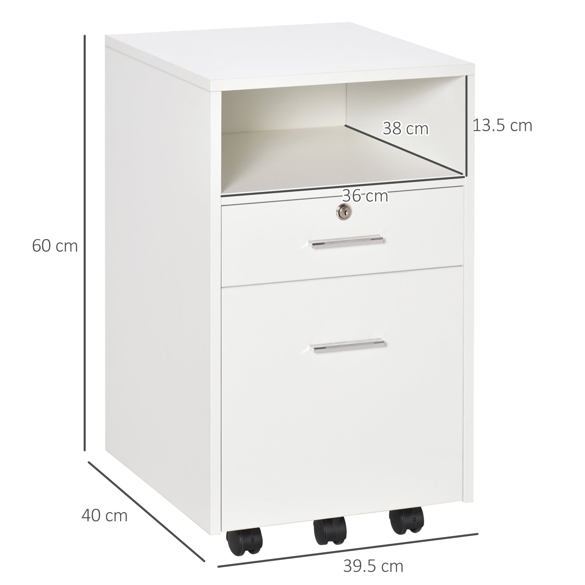 Office Filing Cabinet with 2 Drawers and Open Shelf, Wooden Office Furniture with 5 Wheels, Lock and 2 Keys, 39x40x65 cm, White