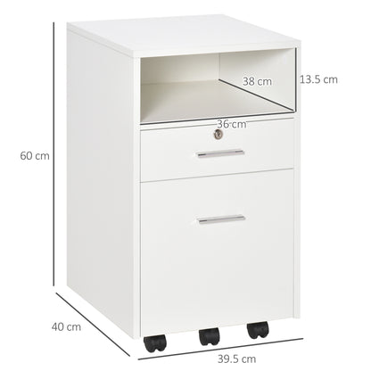 Office Filing Cabinet with 2 Drawers and Open Shelf, Wooden Office Furniture with 5 Wheels, Lock and 2 Keys, 39x40x65 cm, White