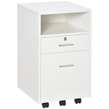 Office Filing Cabinet with 2 Drawers and Open Shelf, Wooden Office Furniture with 5 Wheels, Lock and 2 Keys, 39x40x65 cm, White