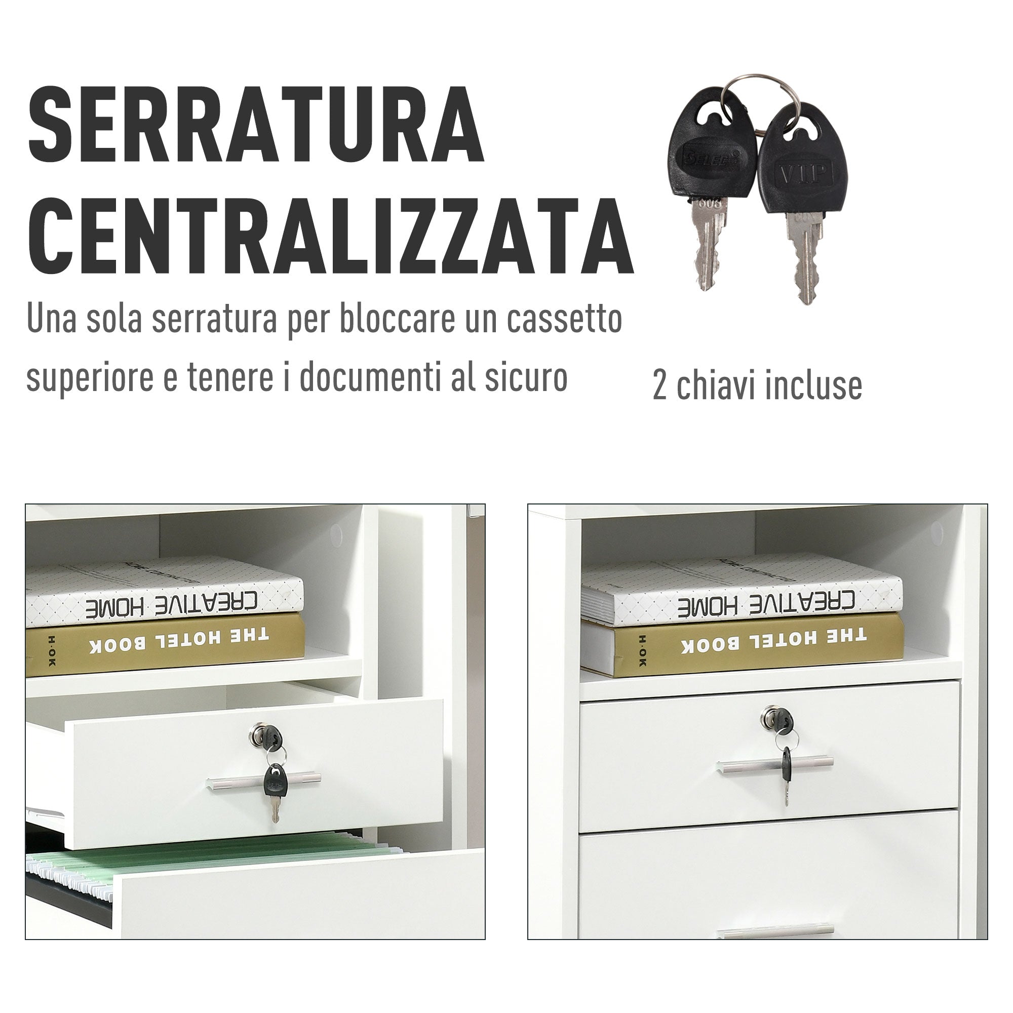 Office Filing Cabinet with 2 Drawers and Open Shelf, Wooden Office Furniture with 5 Wheels, Lock and 2 Keys, 39x40x65 cm, White