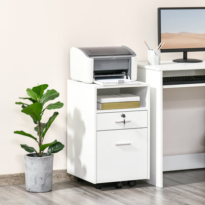 Office Filing Cabinet with 2 Drawers and Open Shelf, Wooden Office Furniture with 5 Wheels, Lock and 2 Keys, 39x40x65 cm, White