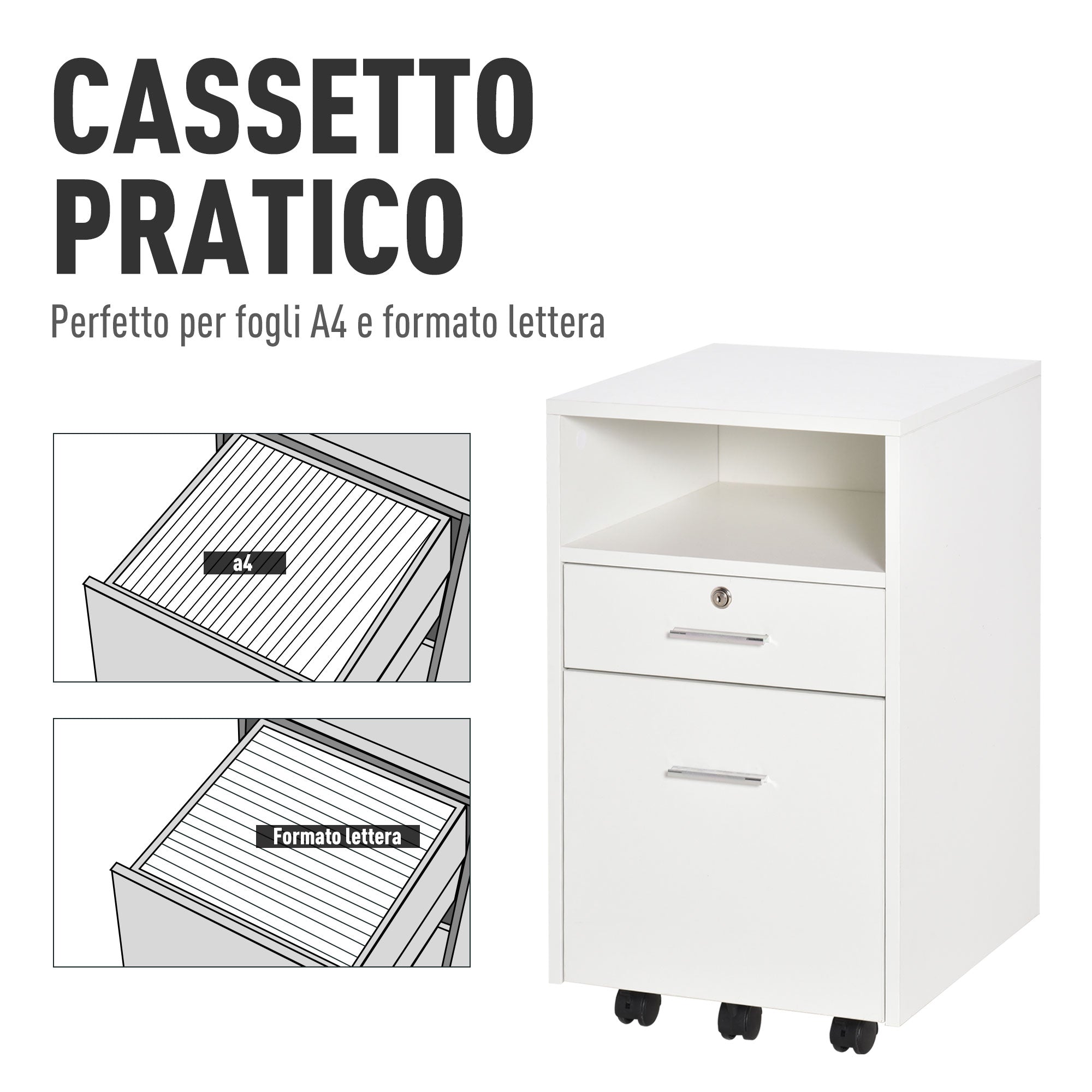 Office Filing Cabinet with 2 Drawers and Open Shelf, Wooden Office Furniture with 5 Wheels, Lock and 2 Keys, 39x40x65 cm, White