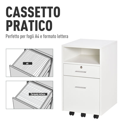 Office Filing Cabinet with 2 Drawers and Open Shelf, Wooden Office Furniture with 5 Wheels, Lock and 2 Keys, 39x40x65 cm, White