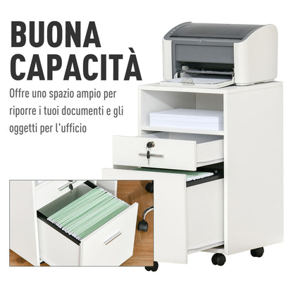 Office Filing Cabinet with 2 Drawers and Open Shelf, Wooden Office Furniture with 5 Wheels, Lock and 2 Keys, 39x40x65 cm, White