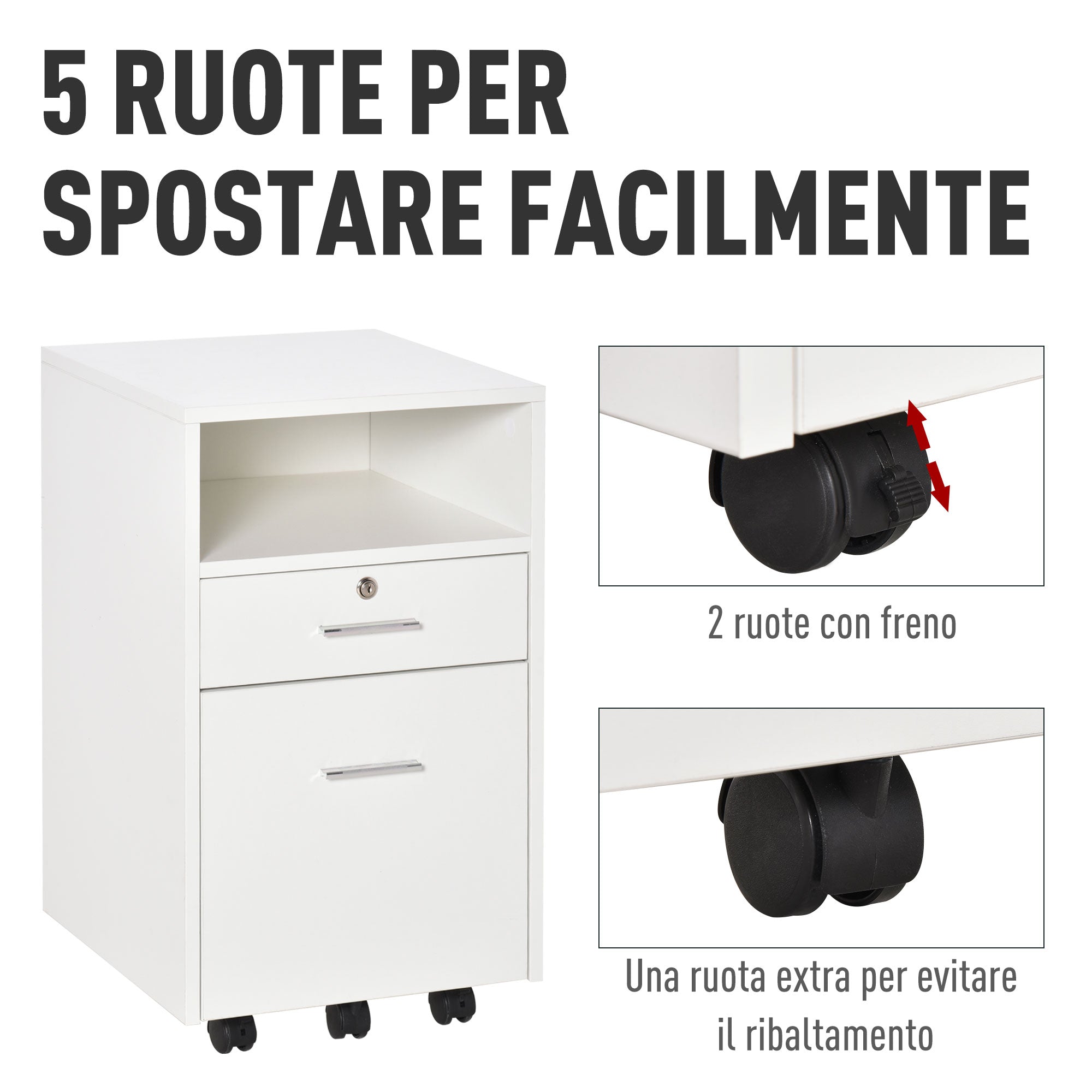 Office Filing Cabinet with 2 Drawers and Open Shelf, Wooden Office Furniture with 5 Wheels, Lock and 2 Keys, 39x40x65 cm, White