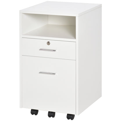 Office Filing Cabinet with 2 Drawers and Open Shelf, Wooden Office Furniture with 5 Wheels, Lock and 2 Keys, 39x40x65 cm, White
