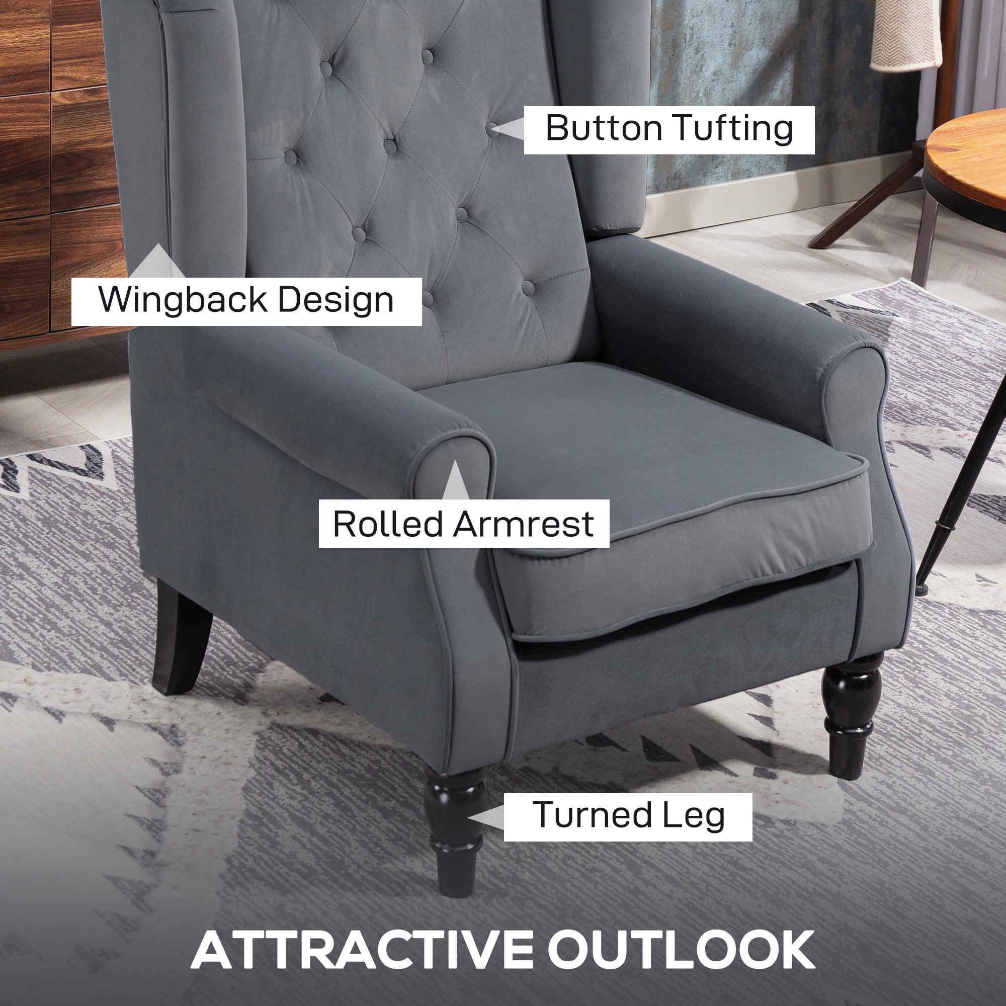Wingback Armchair with Armrests, Tufted Lounge Chair with Cushion, High Back Velvet-Look Accent Chair with Wooden Legs, Gray