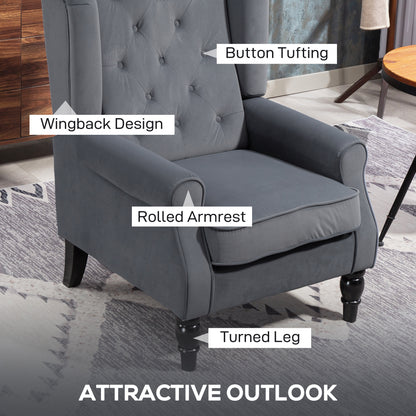 Wingback Armchair with Armrests, Tufted Lounge Chair with Cushion, High Back Velvet-Look Accent Chair with Wooden Legs, Gray