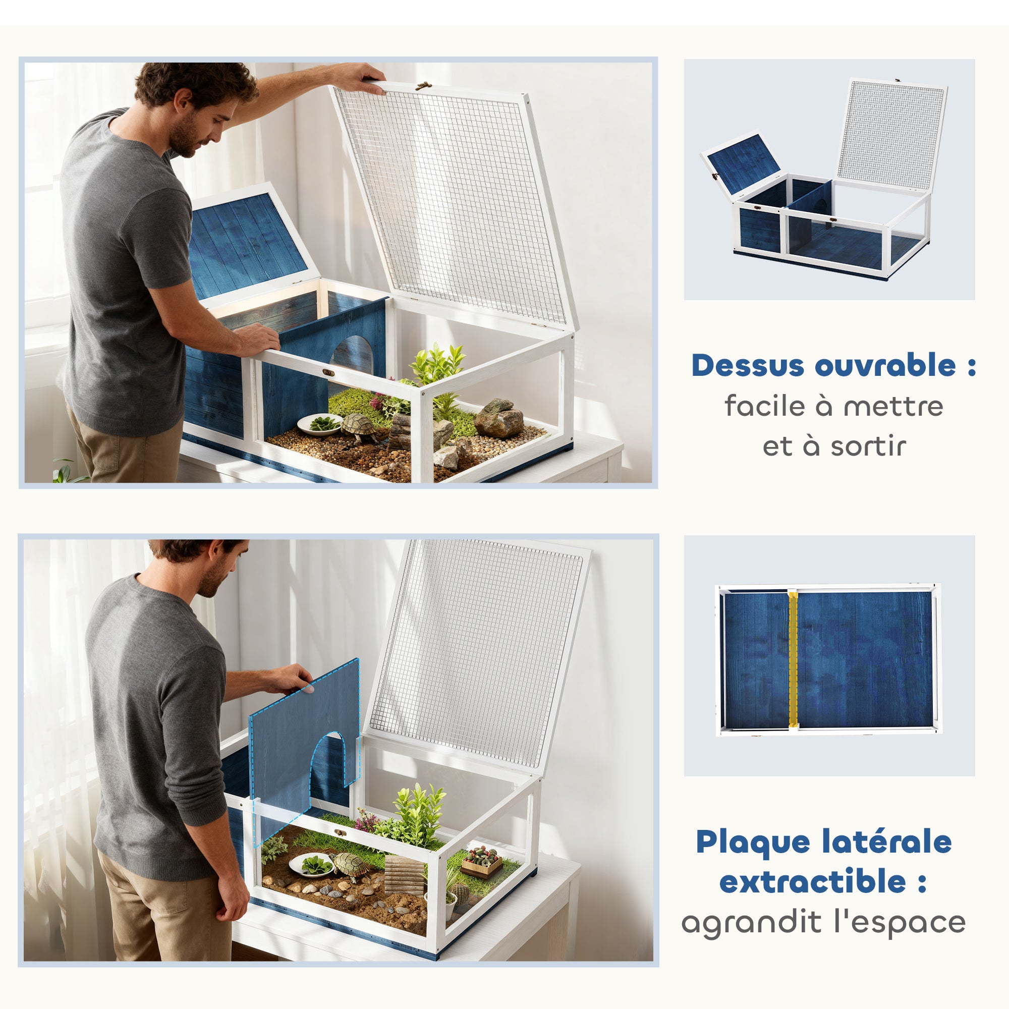 Tortoise House with Modular Space - 2-Zone Habitat, Hinged Roof & Sliding Tray - Indoor/Outdoor Wooden Enclosure for Reptiles, 35.8 x 23.8 x 12.6 in (91 x 60.5 x 32 cm) - Blue