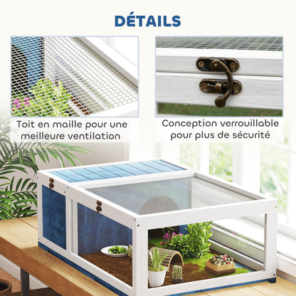 Tortoise House with Modular Space - 2-Zone Habitat, Hinged Roof & Sliding Tray - Indoor/Outdoor Wooden Enclosure for Reptiles, 35.8 x 23.8 x 12.6 in (91 x 60.5 x 32 cm) - Blue